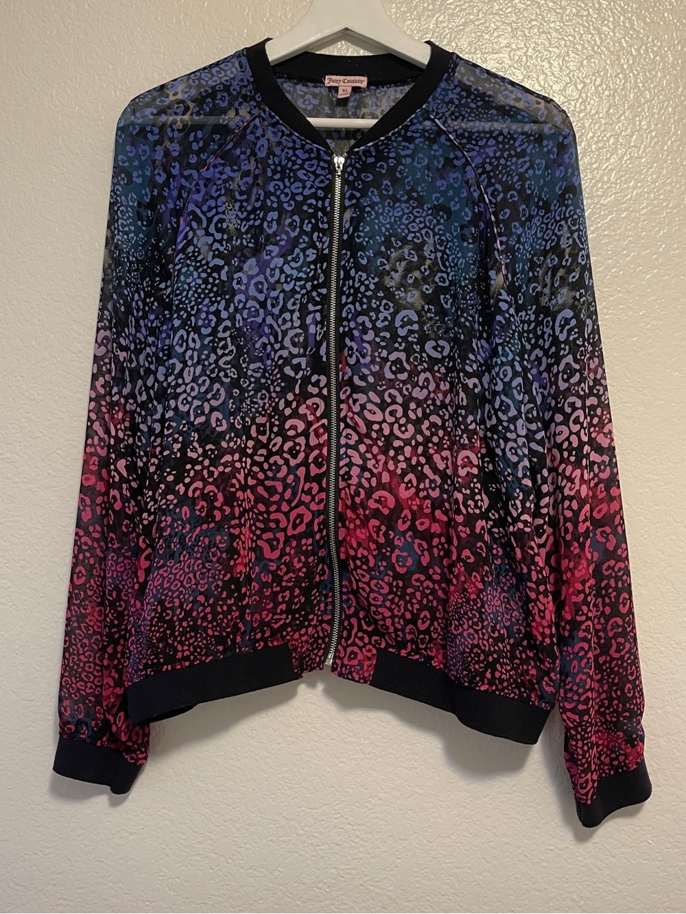 Juicy Couture Ombre Sheer Animal-Print Bomber Jacket in Blue-Purple-Pink, XL